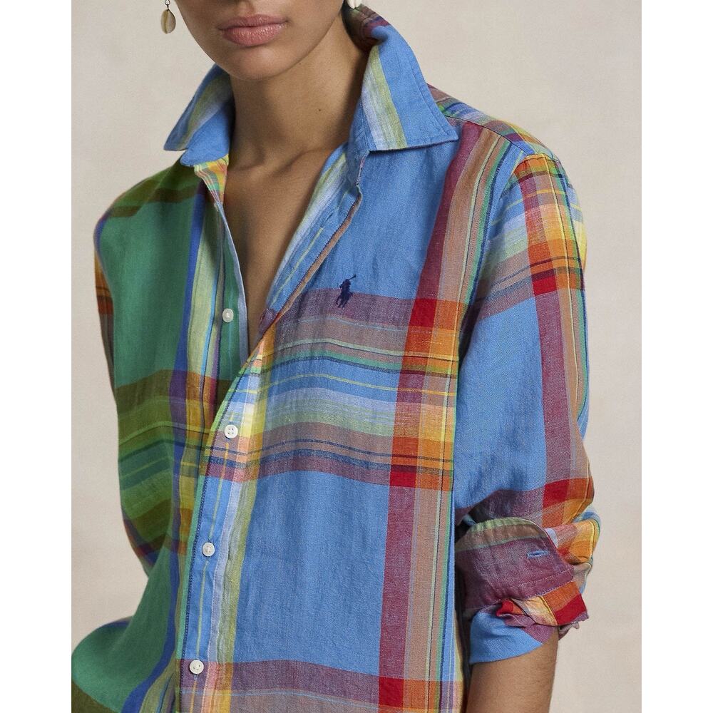 Polo Ralph Lauren Shirt Womens Small Plaid 100% Linen Button Up Long Sleeve - Picture 7 of 16
